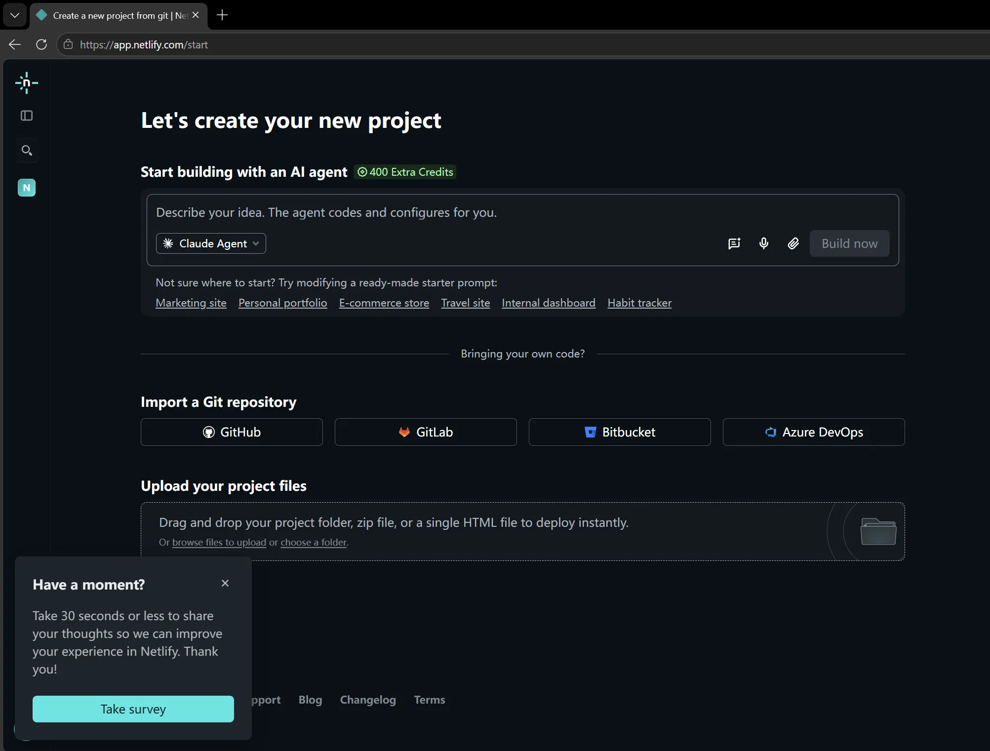 Netlify 的新建网站页面